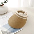 Khaki straw sun visor hat with striped ribbon detail and woven texture for summer - Tri-Color Band Empty Top Straw Hat Khaki