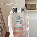 Cartoon dual-compartment plastic water bottle with bear print and white carry strap - 750ml / White (8802)