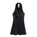 Elegant black satin halter neck mini dress with draped cowl neckline and open back design - XS / Black