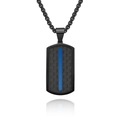 Collier plaque militaire noire en fibre de carbone avec bande bleue sur fond blanc - Pendentif uniquement / Noir et Bleu