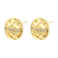 Elegant gold square earrings with woven texture and a row of sparkling clear cubic zirconia - Round Disc Braided Texture (VE1413) / Gold