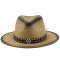 Unisex Strohhut Fedora mit Farbverlauf und Nietband aus Leder für den Sonnenschutz am Strand - M (56-58cm) / Khaki Schwarz (JX-S05)