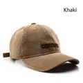 Vintage khaki washed denim baseball cap with CONQUER embroidery and adjustable strap - Khaki