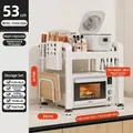 White 2-tier carbon steel microwave rack with side organizers and 6 hooks for kitchen - 2-Tier Fixed-53cm-Cream White-Full Accessory Set