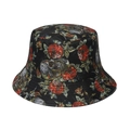 Black bucket hat with red rose and skull print in a streetwear hip-hop style - Skull Red Rose Print (O)