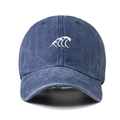 Classic navy blue washed denim baseball cap with white wave embroidery on front panel - One Size / Navy Blue