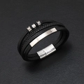 Multilayer hand-braided black leather bracelet with silver magnetic buckle on black background - Silver Magnetic Clasp/Black Leather
