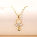 Gold bow necklace with teardrop zircon pendant on minimalist textured chain jewelry - Gold (Lip Chain)