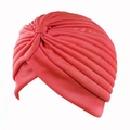 Turban cap for women in coral red with stylish pleated design and elastic fabric - One Size / Red