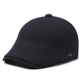 Navy blue winter flat cap for men with ear flaps and warm fleece lining shown in 45-degree view - Adjustable / Navy Blue