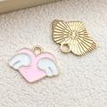 Pink heart enamel charm with white wings and gold sunburst pendant for jewelry DIY - Pink Heart With Wings (14971)