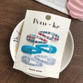 Set of 6 cute wave BB hair clips with red plaid and blue floral patterns on display card - Blue Plaid Series