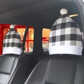 Christmas car headrest covers in black and white plaid with white plush pom-pom trim - Style K-TS64 / Black and White Plaid