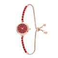 Women's rose gold quartz bracelet watch with red dial and sparkling colorful rhinestones - Rose Gold Red
