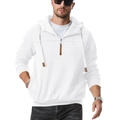 Men's heavyweight white fleece hoodie with half-zip closure and brown leather puller - S / White