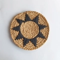 Bohemian round straw wall decor with blue geometric pattern on natural fiber base - Black Geometric Totem Style (25cm)