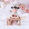 Pink and green ancient Chinese girl figurine playing the guqin on a small desk - Style 060-11 Playing Zither