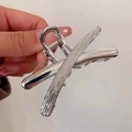Silver liquid metal butterfly hair claw clip with textured cross design for women - Crisscross Streamline / Silver
