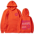 Vibrant orange hoodie with purple floral surfing print, front and back layout view - S / Orange (Purple Print)