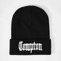 Classic black knitted beanie with white Compton embroidery in 3D street style - One Size / Black