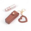 Brown leather mini lipstick holder keychain with heart mirror and gold hardware - No Logo Coffee