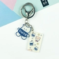 Cute cartoon bear acrylic keychain with blue border and decorative beige tag charm - Blue Cute Bear Style (Double Buckle No. 7)