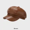 Casquette gavroche vintage en cuir PU marron pour femme avec texture mate et empiècements - Taille Unique (54-58cm) / Marron