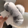 Close-up of oversized fluffy faux fur hair claw clip in grey and white soft textures - Silver Grey (Large)