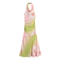 Elegantes Neckholder-Maxikleid mit Blumenmuster in Rosa und Grün auf seidigem Satin - XS / Bunte Blumen