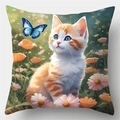 Cute orange cat and butterfly linen pillowcase with floral illustration for sofa decor - Style 3 / 45*45cm (No Core)