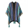 Ethnic knit shawl with multi-colored wave patterns and fringe tassels in bohemian style - Cardigans / New Blue