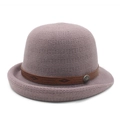 Elegant purple-grey knitted cloche hat with brown decorative band and metal emblem - M (56-58cm) / Light Purple