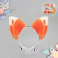 Orange and white plush fox ears headband set with long faux fur tail and bell collar - One Size / Folded Ear Style - Orange White