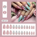 Detail of pink and mint green gradient cat-eye press-on nails with 3D diamond cut texture - Glassy Cat Eye Style (W1537)