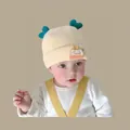 Cozy knit baby hat in cream with blue heart accents and Good Life patch - Double Heart-shaped Hat Beige (for Ages 2 Months To 2 Years)