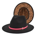 Cappello fedora nero con tesa leopardata e fascia in pelle rosa con fibbia dorata - M (56-58cm) / Nero