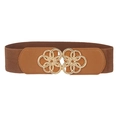 Women's brown elastic waist belt with gold floral buckle on a clean white background - Camel