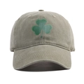 Vintage washed khaki cotton baseball cap with green shamrock embroidery on front view - Adjustable / Light Khaki