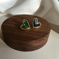 Elegant S925 silver needle heart studs with emerald green enamel and golden base - Dark Green