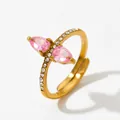 Adjustable golden stainless steel ring with two pear-cut pink zircons and small crystals - Gold + Pink Zirconia (KBJ388)