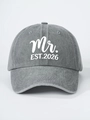 Detail view of washed grey cotton baseball cap with white Mr. EST.2026 embroidery - Adjustable / Mr. / Gray