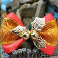Red and gold Christmas bow ornament with two small bells and golden leaves decoration - Christmas Bow 14