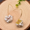 Elegant baroque pearl drop earrings with golden hooks on natural wood display - Set Big Ear Hook Flower Studs