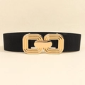 Women's black elastic wide belt featuring a polished gold square geometric buckle - Black (19767)