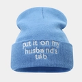 Light blue knit beanie with white embroidered letter quote and ribbed texture for winter - One Size / Light Blue