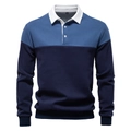Detail van polo sweatshirt met lange mouwen en blauw en marineblauw kleurblokontwerp van katoen - S / Denim Blauw