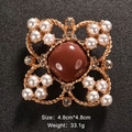 Vintage gold square brooch with a center reddish gemstone and white pearls - Square Vintage Stone Style (XD7991)