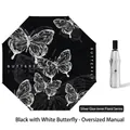 Paraguas plegable manual negro con diseño de mariposas blancas y revestimiento solar plateado - 3 Pliegues Manual Mariposa Oscura - Revestimiento de Plata