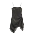 Elegante abito sottoveste in raso nero con bordi in pizzo e spalline sottili da donna - XS / Verde Militare