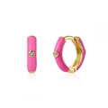Detailed shot of pink enamel huggie earrings with gold trim and a single sparkling zircon - 24K / Bright Pink Enamel Small Hoop (JQH0020-GG-11)